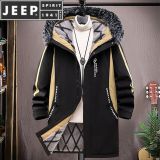 JEEP SPIRIT中长款带毛领派克服男士秋冬季加绒加厚连帽夹克棉服冬装风衣外套 6687黑色【毛领可拆卸】 4XL