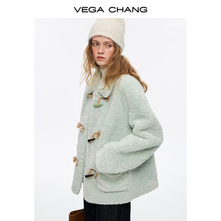 Vega chang mint warm velvet horn button imitation lamb wool short coat for women 2025 winter sweet and cool coat spring bud green s