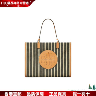 Tory burch ella double t logo stripe lightweight commuting canvas with leather trim canvas bag tote bag basic package (bag + dust bag)