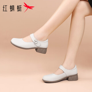 Red dragonfly women's shoes mary jane shoes women's leather shoes 2026 spring genuine leather cowhide shallow mouth breathable casual shoes thick sole mom shoes off-white (heel height 4cm) 35