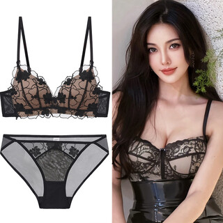 Victoria palace lace bra no wires feminine sexy top-up anti-sagging slimming secondary breast small breast push-up comfort bra set black 75b (34) ab cup