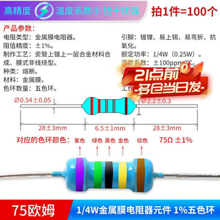 Zejie 1/4w metal film resistor element 1% color ring 1k2k10k100k47k470 10 ohm 100/120 ohm m 75 ohm 1/4w (100 pieces)
