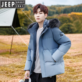 Jeep jeep men's short down jacket winter new style fur collar thickened warm jacket casual loose cold weather clothing men's ink blue with fur collar m