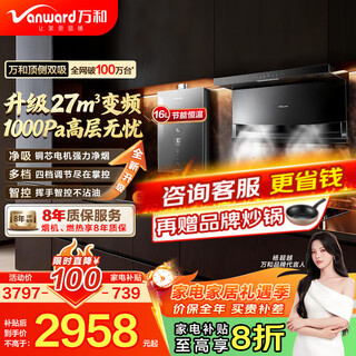 Vanward subsidizes 20% top-side double-suction range hood 27 cubic meters large air volume 1000pa strong wind pressure first-level energy efficiency and energy saving xl810 pro hood + energy-concentrated stove + 16l constant temperature heating