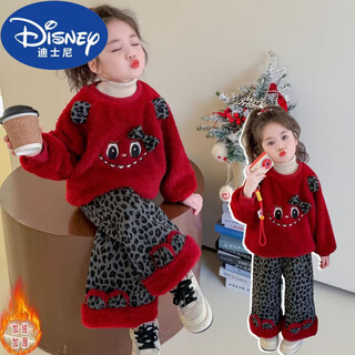 Disney girls' winter labu suit 2026 new plush sweater suit children's new year's eve leopard print pants two-piece set official flagship red labu suit plus velvet 90 recommended height about 80cm