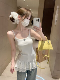 Pure lust style bow lace hem spliced summer camisole feminine slim fit inner top white s recommended 95jin jin equal to within 0.5kg