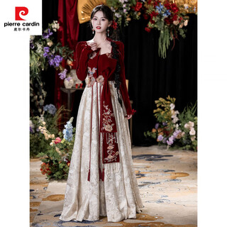 Pierre cardin (pierre cardin) toast dress plus size fat mm slim bridal style light luxury long-sleeved new chinese style wedding engagement return dress burgundy m 100jin jin is equal to about 0.5 kg