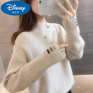 Disney fashionable half-turtleneck sweater for girls, 2026 new autumn and winter plush thick wool sweater, korean style knitted, apricot 170 m