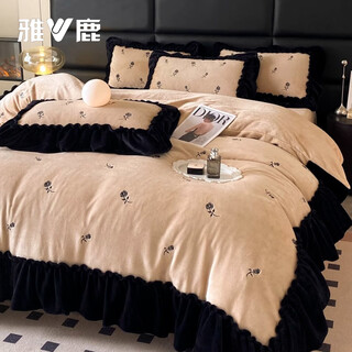 Yalu embroidery milk velvet four-piece set winter thickened home sheets and duvet covers double-sided velvet warm quilt cover bedding huayun-champagne skin-friendly and soft plus velvet warmth 1.8m bed sheet four-piece set-duvet cover 200*230cm