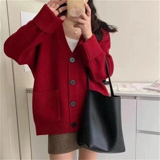 Mu ni lazy style knitted sweater burgundy cardigan women's autumn and winter loose outerwear niche design jacket 2025 new red four-button cardigan 80-135 one size