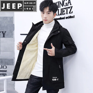 JEEP SPIRIT男士夹克秋冬季新款加绒加厚上衣服韩版潮流中长款风衣休闲外套男 1901加 绒黑白色 M