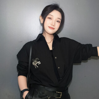 Girdear's new style exquisite three-dimensional printed casual versatile long-sleeved women's simple shirt 1300989 black s (2)