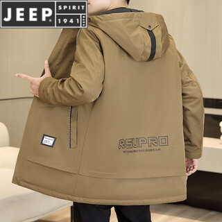 Jeep spirit autumn and winter mid-length windbreaker men's hooded plus velvet thickened parka cotton clothing trendy handsome casual jacket khaki m