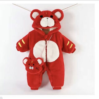Ultraman baby winter clothes newborn plus velvet thickened jumpsuit 100-day new year's clothing for baby boy three-layer new year's greetings romper suit red with bag tiger and rabbit fur vest 66cm recommended 0-3 months