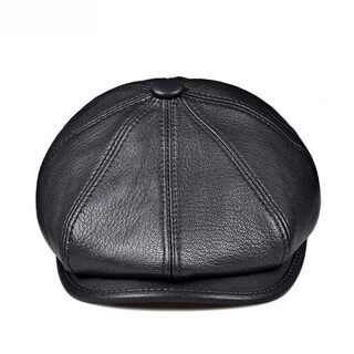 Saimandie men's high-end genuine leather cap, genuine leather octagonal hat for middle-aged and elderly people, retro newsboy hat, sheepskin painter hat, black l (55-56cm)