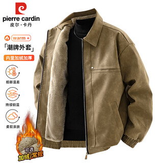 Pierre cardin jacket men's autumn and winter american retro trendy leather jacket men's velvet warm jacket men's brown velvet xl