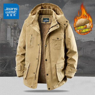 Jeanswest jeep mid-length velvet thickened cotton-padded jacket for middle-aged and elderly winter workwear multi-pocket cold-proof cotton-padded jacket khaki 2xl