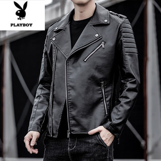 Playboy (playboy) leather men's jacket spring and autumn motorcycle jacket slim-fitting korean style trendy and handsome 2026 new velvet cycling jacket black xl