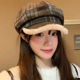 Japanese retro plaid plush octagonal beret for women in autumn and winter with large head circumference, warm and versatile, little painter's hat with a face, brown, one size fits all