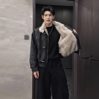 Yiran presents the product plus velvet and thickened mountain carving cotton jacket for men, winter high-end handsome leather jacket with airplane button design cotton jacket, black l. recommended 110-125 jin jin is equal to 0.5 kg