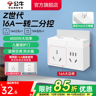 公牛（BULL）一转多插座拓展器插排拓展器转换头一转二转接头插座转换插头 Z世代 【大功率16A一转二分控】晨雾白Z9323D