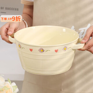 Taixi pavilion wisteria flower double-ear ceramic soup bowl household cream large capacity bucket bowl instant noodle bowl high-looking bowl and plate tableware wisteria flower-dual-ear soup pot (2000ml)