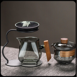 He jiagong tea drain, tea drain, tea filter, glass fair cup, one-piece tea house tea spacer, tea brewing ceramic non-porous filter bracket, black pottery tea drain set + guanshan male cup (ash) + rain shower bowl