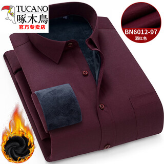 Woodpecker (tucano) 2025 winter velvet warm shirt men's long-sleeved business casual men's pure black thickened shirt base cotton burgundy 6012-97 m 38