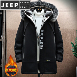 Jeep spirit parker men's jacket 2025 autumn and winter new plus velvet thickened cotton coat mid-length winter shearling windbreaker my112s black m