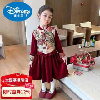 Disney girls new year's greetings suit new year's wear chinese style new year's autumn and winter clothing plus velvet children's dress red skirt red plus velvet 100 cm