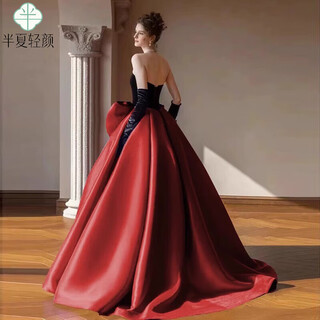 Xiaohongshu’s popular tube top evening dress, high-end light luxury niche french banquet host engagement toast dress princess burgundy tail (comes with gloves + bustle) l