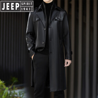 Jeep spirit leather jacket men's business plush thickened leather jacket extra long over-the-knee fur one-piece warm leather coat jacket black m 170