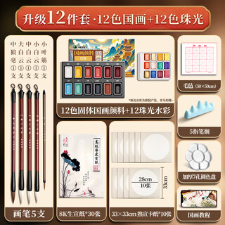 Marley chinese painting pigment set solid chinese painting materials primary school students chinese painting supplies tools full set ink painting chinese painting pearlescent pigment 12 pieces 12 color chinese painting + pearlescent watercolor