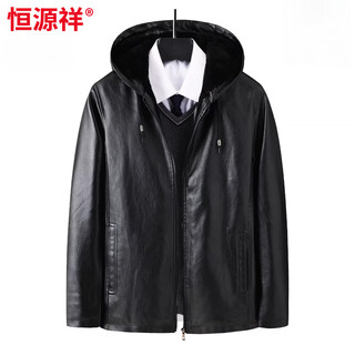 恒源祥加绒加厚皮衣男士2026冬季新款中老年爸爸装连帽皮夹克外套男 黑色 M 120斤以下