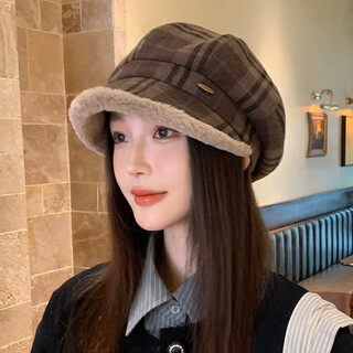 Ctrlend hat versatile plaid fur edge beret women's autumn and winter casual plus velvet thickened octagonal hat to protect against cold and warm painter's hat brown one size