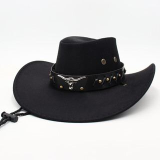 Hkml european and american cross-border new style cow head logo belt top hat ethnic style western cowboy hat for men and women retro riding hat black (cloth denim + black cow head) m adult one size fits all (56-58cm)