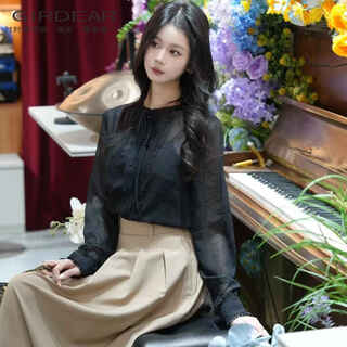 Girdear's new french elegant temperament versatile design long-sleeved retro lace shirt 130144 black s size 2