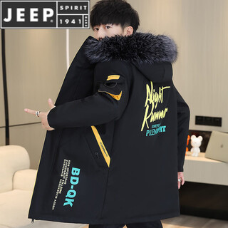 JEEP SPIRIT冬季新款棉衣男加绒加厚男士棉袄外套中长款风衣冬装防寒保暖棉服 JH66黑黄色 加 绒加 厚(带毛领) M