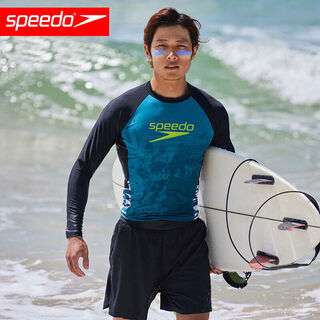 Speedo speedo long-sleeved sun protection swimsuit men's sea series anti-chlorine quick-drying contrast color surf swimsuit gray blue surf top m m