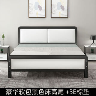 Yusenyi bed 18m iron bed thickened reinforced double bed 15 single iron frame bed soft packed black bed high tail + 3e brown mat 13501900
