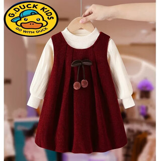 G.duck girls velvet dress suit autumn and winter 2025 new fashionable baby one-year-old dress children's new year's greetings velvet red skirt suit (bottoming shirt + skirt) 110