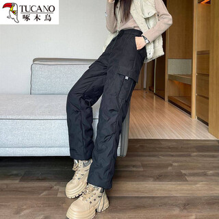 Woodpecker black workwear straight down pants women's outerwear autumn and winter 2025 new coldproof harbin northeast cotton pants black m