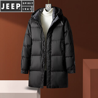 Jeep spirit new lightweight winter down jacket men's mid-length winter hooded windproof goose down warm thickened jacket men black 2xl 185