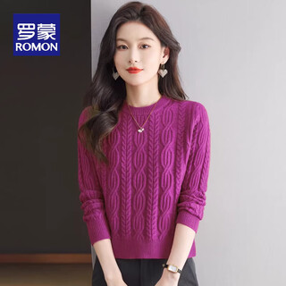 Romon short sweater for women in autumn and winter high-waisted twist top round neck long-sleeved wool sweater fashionable knitted bottoming sweater 100% pure wool-rose purple-puyuan wool sweater s