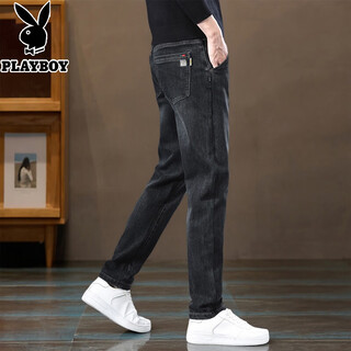 Playboy (playboy) straight velvet jeans men's 2025 new winter stretch casual men's pants thickened long pants black gray regular 32 recommended 130-140jin jin equals 0.5 kg