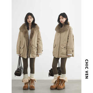 Chic ven 2025 winter new fox fur fur lapel down jacket parka warm goose down thick coat women chicven khaki (with fox fur collar) one size fits all (within 70 kg)