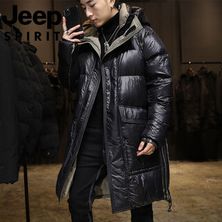 Jeep jeep international brand mid-length glossy down jacket men's winter thickened warm disposable hooded casual jacket black m 125jin jin is equal to within 0.5 kg