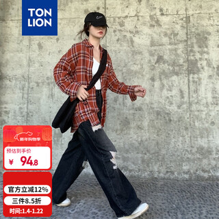 Tonlion 2024 plaid shirt women's loose long sleeve casual shirt versatile commuting top pumpkin red s