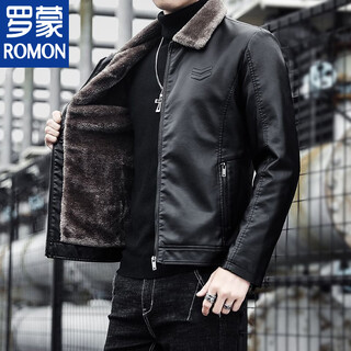 罗蒙（ROMON）秋冬男士皮衣新款翻领皮夹克潮流修身机车休闲韩版加绒皮夹克外套 黑色【加绒加】 厚款 M 建议90-110斤
