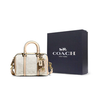 Coach ruby 18 zipper closure classic logo jacquard fabric with cow leather boston bag hand-held shoulder slant gift box (basic + black counter gift box) default
